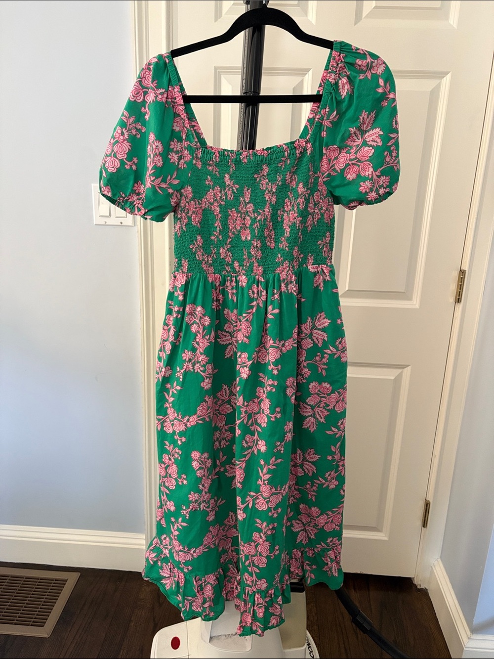 J. Crew Factory Green Midi Dress with Pink Floral Pattern
